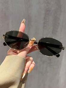 1 件复古棕色椭圆形时尚眼镜，90 年代女士金属细框设计师风格，适合夏季海滩度假、户外、旅行的服装、假期和日常生活 - 棕色 - 查看 5