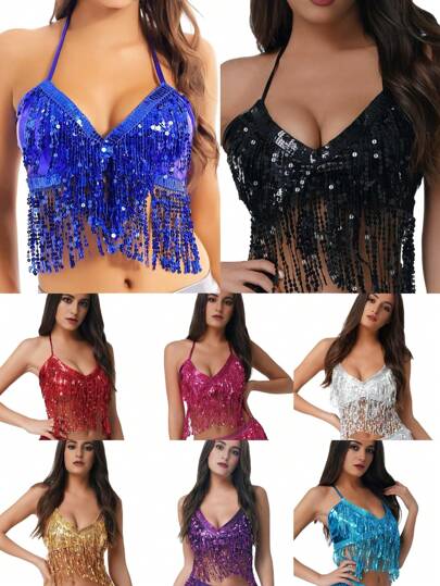 1 pieza Top de sujetador con lentejuelas y flecos, disfraz de escenario con brillante y brillante para Halloween, carnaval, estilo callejero, actuación en el escenario, discoteca nocturna, versátil