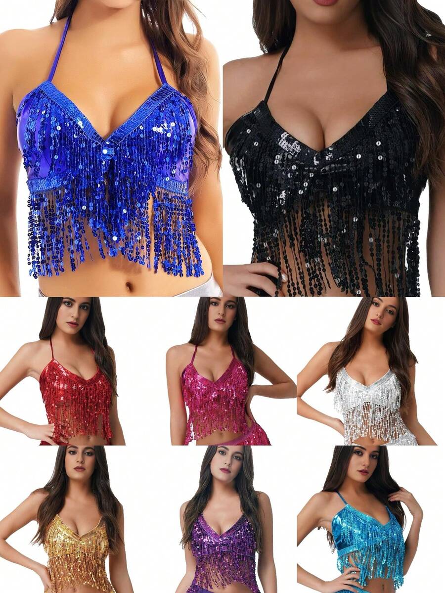 Áo bra đính sequin tua rua, chất liệu da bóng, trang phục biểu diễn sân khấu cho Halloween, lễ hội Carnival, phong cách đường phố, biểu diễn sân khấu, hộp đêm, vũ trường, màu hồng đen đa năng cho kỳ nghỉ xuân. - Áo ngực da - Xem 1