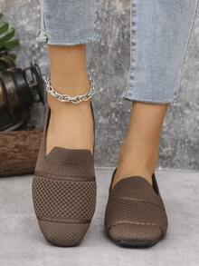 女士针织平底鞋舒适方头乐福鞋透气春秋季妈妈鞋