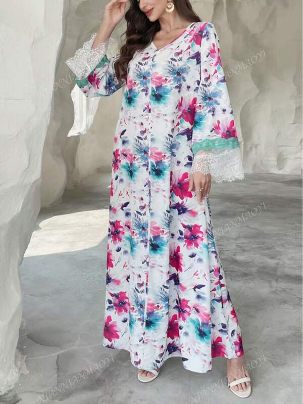 Arabisches Muster langes Kleid mit Spitzenärmeltrimm und verspieltem Blumenpatchwork-Design, locker geschnittenes Kleid, dezent