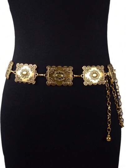 Cadena de cintura con tallado 3D vintage, adecuada para vestidos, talla S, para vacaciones y uso diario, bronce antiguo, para verano, escuela, otoño, Halloween