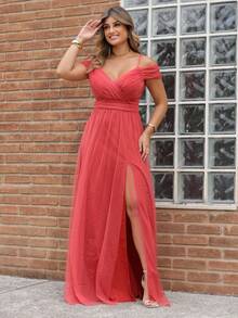 Elegant Off-The-Shoulder Long Dress Without Shine - Burnt Orange - View 2