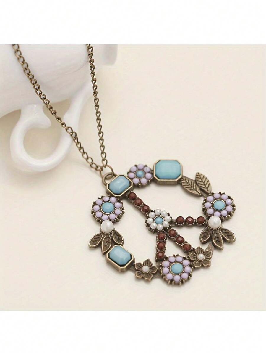 New Vintage Cute Boho Style Flower & Peace Sign Pendant Necklace, Daily/Vacation Gift, Music Festival Couple Gift - Multicolor - View 1