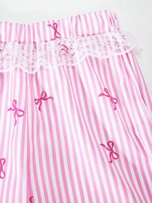 时尚甜美女孩休闲简约条纹蝴蝶结阔腿裤，蕾丝腰设计，适合春秋夏季户外穿着、聚会、校园、女孩日常穿着 - 粉色 - 查看 5