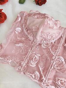 EZNV 1pc Embroidered Lace Underwire Fishbone Backless Fitted Sexy Camisole Top For Women - Pink - View 11