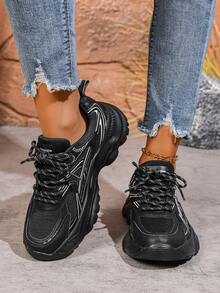 1 Pair Women's Black Athletic Sneakers, Breathable, Comfortable, Lightweight, Platform, Printed Design, Lace-Up, Mesh & Leather Panel Casual Running Shoes, Suitable For Spring/Summer, Fitness, Travel - Black - View 5