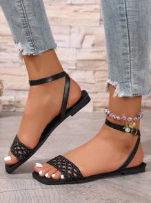 Women's Flat Sandals, Ankle Strap Slip-On Black Mules, Linen Elegant Casual Shoes, Summer Flat Sandals, Strappy Mules,Weave Slides,Suitable For Vacation And Beach Fun