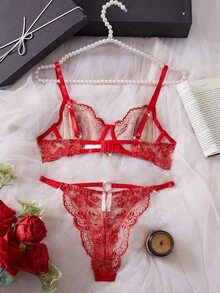 2pcs/Set Women's Sexy Lingerie Set, Red Floral Embroidered Padded Bra And Adjustable Peekaboo Panty, Summer