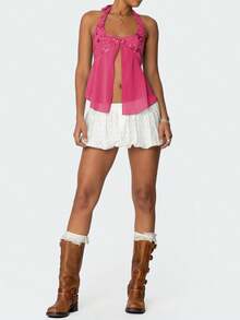 Womens Y2K Sequin Cami Tops Sexy Sparkle Lace Up Crop Top Tie Up Halter Scoop Neck Straps Tank Top - 玫紅色 - 查看 6