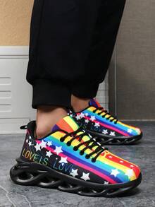 男士街头时尚多色彩虹星纹扭底休闲运动鞋，户外经典刀锋底舒适情侣日常百搭四季跑步鞋 - 黑色 - 查看 10