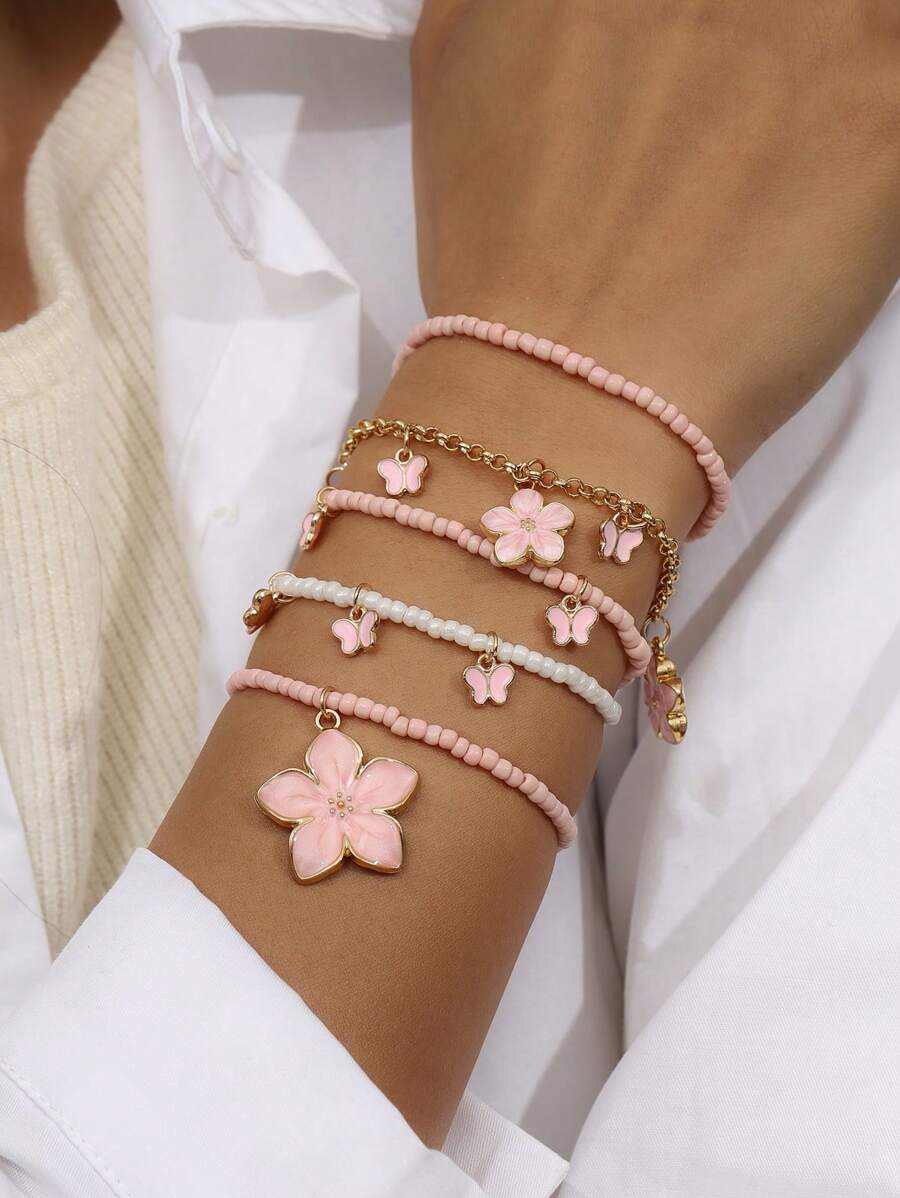 5pcs Set Cute Butterfly Floral Beaded Bracelets For Women, Everyday Wear