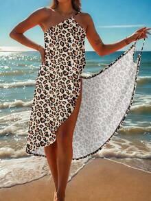 夏季海滩度假休闲豹纹纱笼吊带裙，新款性感裹身裙