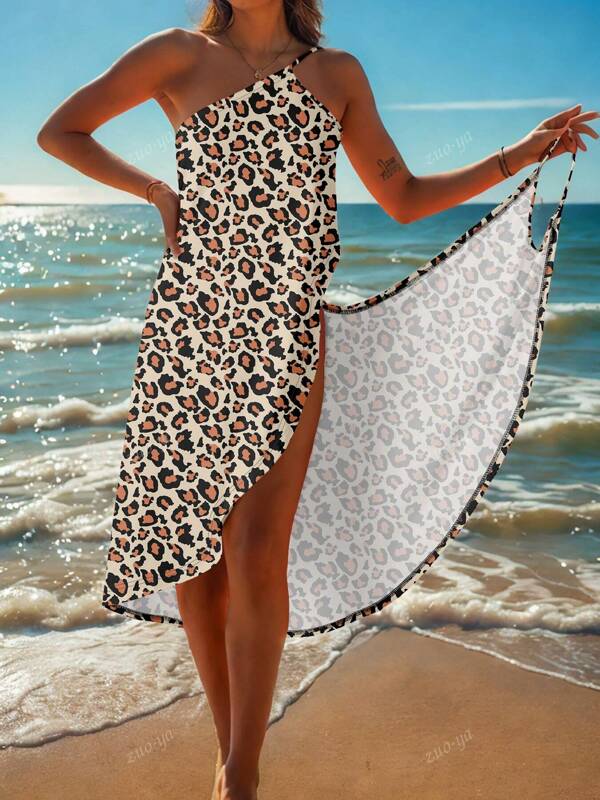 Summer Beach Holiday Casual Leopard Print Sarong Slip Dress For Women, New Sexy Wrap Style