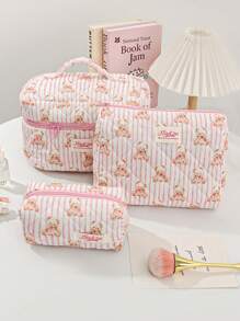 1 Piece Pink Stripe Multi-Purpose Portable Storage Bag Set For Home And Travel Cosmetic Bag Cute Bear Makeup Storage Makeup Organizer Travelling Stuff College Vacation Necessary Makeup Pouch Perfect Underarm Bag Portable Zipper Makeup Bags Mini Pouch Travel Small Makeup Case Accessories Make Up Holder Brush Bag