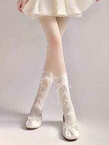 1 双女士甜美可爱镂空白色蕾丝蝴蝶结设计及膝袜，时尚透气，适合日常穿着，Y2k - 白色 - 查看 1