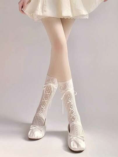 1 双女士甜美可爱镂空白色蕾丝蝴蝶结设计及膝袜，时尚透气，适合日常穿着，Y2k