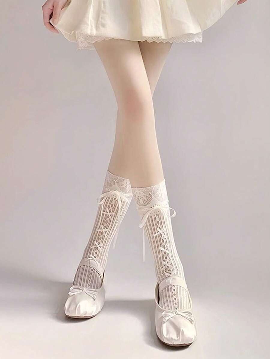 1 双女士甜美可爱镂空白色蕾丝蝴蝶结设计及膝袜，时尚透气，适合日常穿着，Y2k - 白色 - 查看 1