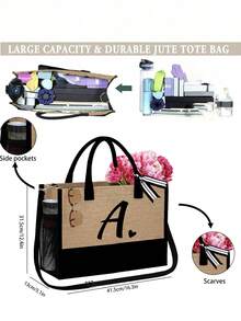 女士沙滩手提包，配有肩带、沙滩帽和化妆包，黑色爱心字母 A-Z 沙滩配件套装，个性化礼品袋，带侧袋，大容量，方便的化妆包，带围巾的沙滩包 - 卡其色 - 查看 6