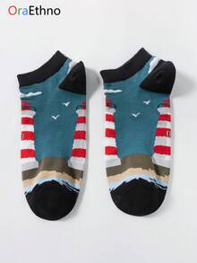 1 Pair Ankle Socks With Lighthouse Design, Blue & Red, Comfortable Breathable Moisture Wicking, Fun, Unique & Personalized Gift Idea - Multicolor - View 5