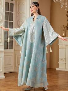 SISKAKIA 时尚端庄女装植物亮片阿拉伯连衣裙女士流苏派对节日优雅长裙 - 綠色 - 查看 6