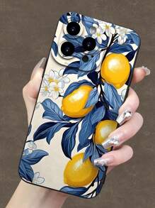 1 pieza Funda transparente reforzada y a prueba de caídas para teléfono con borde recto y perforado, estampado floral y de árbol de limón colorido
