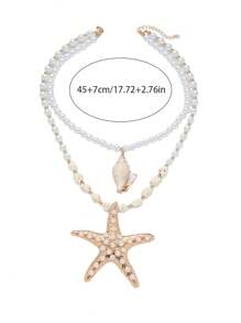 1 Peça Colar Artesanal Multicamadas com Contas de Pedra, Pérola, Pingente de Estrela do Mar Dourada de Metal, Para Mulheres Festa de Praia Viagem de Férias, Colar de Pérola de Concha Estrela do Mar, Acessório de Roupa de Praia para Meninas, Colar de Joias Exageradas, Colar de Estrela do Mar Robusto