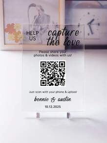 Placa de acrílico com código QR para casamento, ajuda a capturar o amor, placa com foto de casamento, placa com código QR digitalizável para chá de panela, placa personalizada para casamento