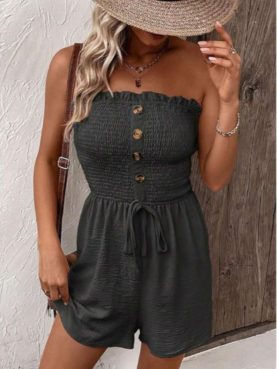 Women's Solid Color Strapless Fashionable Jumpsuit, Suitable For Summer