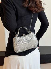1 geantă nouă de seară cu stras din cristal, clutch cu sclipici cu ciucuri, accesoriu rochie de mireasă de mireasă, geantă de mână cu curea de lanț metalic, cadou pentru femei
