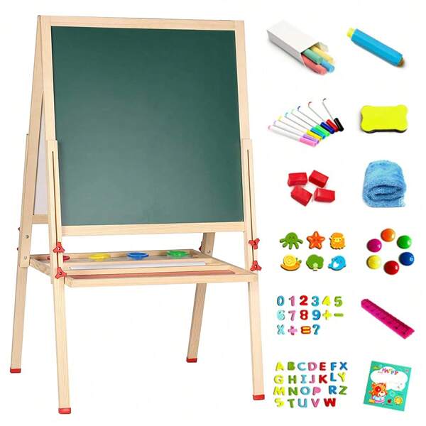 Kindertafel aus Holz, 57*55*148cm, Doppelseitige Zeichentafel für Kinder, höhenverstellbar