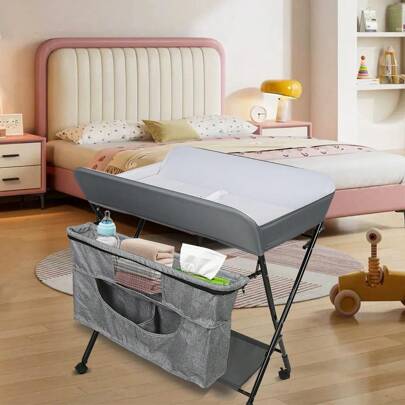 Cambiador plegable, 80 x 63 x 93-99 cm, mesa de lactancia con 4 ruedas, acero inoxidable + tela Oxford