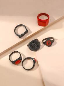 6pcs Set Stylish Street Punk Skull & Letter Design Rings, Men Casual Everyday Wear - Black - View 8