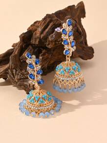 Fashionable Colorful Water Droplet Rhinestone, Rice Bead Inlay Leaf Shaped Earrings, Bohemian Style Ear Jewelry Suitable For Women's Daily Wear