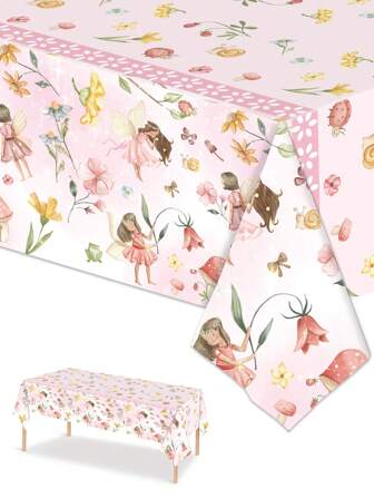 3 pièces/Set Nappe de fête jetable 137*274 CM/53,94*107,87 PO, Nappe avec motif mignon de maison de champignon et floral pour anniversaire, baby shower, baptême et autres fêtes à thème, peut également être utilisée comme toile de fond