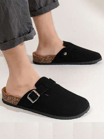 男女通用休闲简约海滩度假纯色绒面革一脚蹬可调节平底拖鞋，室内外均可穿着，柔软木纹，一脚蹬，节日礼物