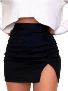 Short Suplex Skirt With Slit Women's Clothing Light Fabric High Waist Plain Black - 黑色 - 查看 1