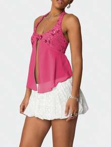 Womens Y2K Sequin Cami Tops Sexy Sparkle Lace Up Crop Top Tie Up Halter Scoop Neck Straps Tank Top - 玫紅色 - 查看 3