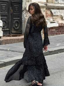 Vestido irregular con parches de manga de volantes de gasa con lunares para mujer - Negro - Ver 9