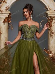 Olive Green Strapless Beaded Sequin Embellished Tulle Dress Beaded Gowns Formal Evening Party Dresses Gowns Wedding Guest Prom Dresses