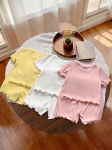 Set da 6 pezzi per neonata, nuova collezione estate, Maglietta a maniche corte con arricciatura ai polsi, motivo floreale ricamato, girocollo, pantaloncini corti, in tinta unita, stile casual di moda
