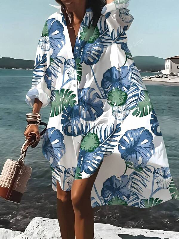 Women's Tropical Print Long Sleeve Shirt Dress - Vacation Style, Button, White Base With Blue & Green Leaf Design, Lightweight Polyester, Perfect For Spring/Fall Getaways, Beach Coverup | Tropical Print Dress | Smooth Finish Shirt, Beach Dress