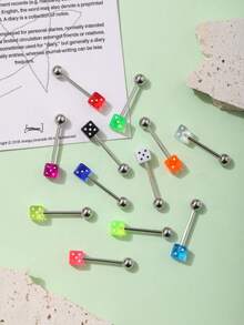 12-Pc Acrylic Body Piercing Assorted Color Cube Bar Tongue Rings, Fashionable European And American Style - Multicolor - View 2