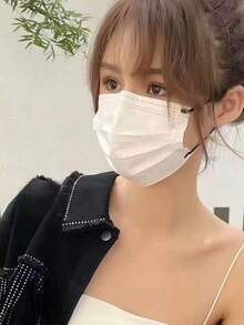 10pcs White Disposable Face Masks With Black Ear Loops, 3-Ply Thick Protective Mask For Adults - White - View 2