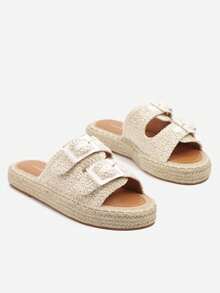 Women's Casual Travel Vices Slides With Braid And Buckles - Beige - View 3