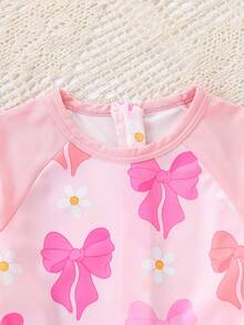 女童夏季沙滩泳衣，可爱蝴蝶结设计短袖荷叶边连体泳衣 - 粉色 - 查看 3