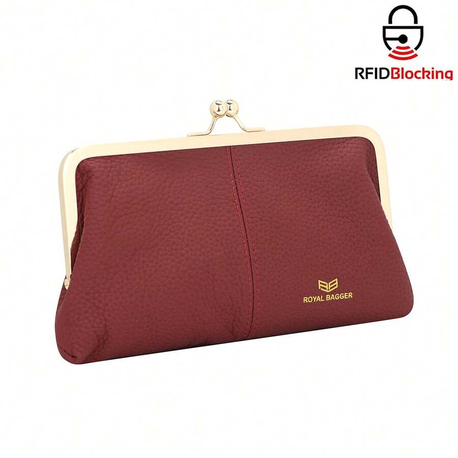 Royal Bagger RFID Kiss Lock Wallet – Solid Color Multi-Card Slot Card Holder, Genuine Leather Clutch Purse For Women - Burgundy - View 1