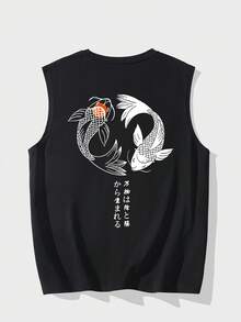 Men's Loose Fit Printed Tank Top, Spring/Summer, 2000s Style - Black - View 3