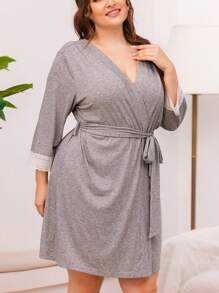 1 Peça Camisola Longa de Manga Comprida para Mulheres Plus Size, Elegante com Renda Recortada e Amarração, Malha, Primavera/Verão