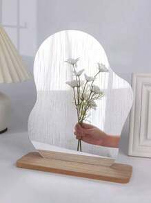 1pc Asymmetrical Mirror Makeup Mirror, Minimalist Desktop Freestanding Wooden Base Mirror, Photographic Prop